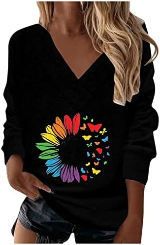 Женски обичен худи моден мода V-врат пуловер џемпер цветни печати преголем долг ракав пулвер врвна блуза
