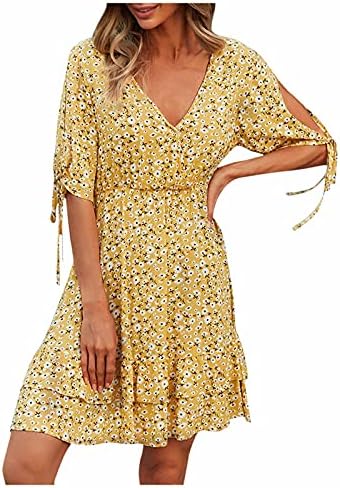 Balkie Women летни фустани Бохо Цветниот печатење Страшен краток ракав V-вратот завиткан обичен повеќеслоен мини фустан