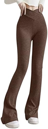 Panенски обични панталони со пламен со висока половината со ребрести цврсти бои подигани јога панталони кросовер тенок вклопување