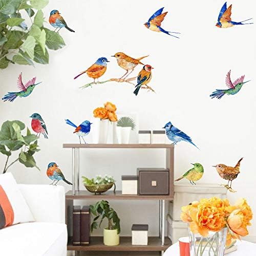 Iarttop акварел птици wallидни декларации, креативно летање налепници за птици за дневна соба шарена природа тема налепници