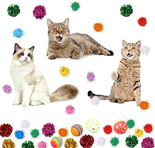 Civaner 36 парчиња шарени топки за играчки за мачки мачки интерактивни топки за играчки со пластично шише вклучуваат сјајни пом топчиња, топчиња од крцкање, топчиња со ?