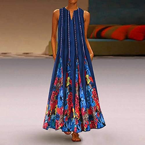 Боемски фустан за жени, жени гроздобер секојдневно секојдневен памук без ракав печатен цветен летен фустан