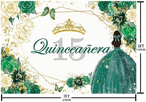 Испрати 7x5ft Quinceanera 15-Ти Роденден Позадина За Слатка Девојка Мис Дуња Анос 15-Ти Роденден Декорации Зелено Злато Сјај Цветни Круна Пеперутка Банер Фотографија Позади?