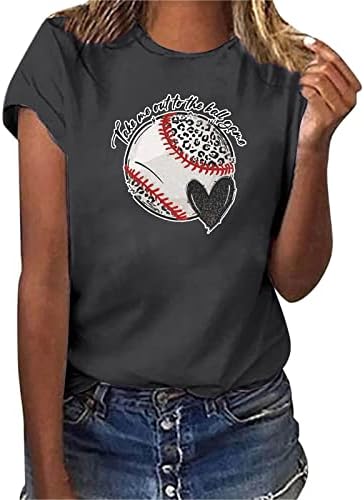 Женски кратки ракави со тркалезен врат маички бејзбол слатки графички маички летни врвови печатење буква за блуза од врата од вратоврска