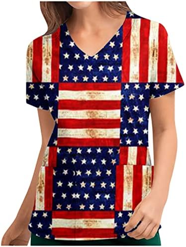 4 -ти јули 2023 година SCRUB_TOPS FOR WOMENS AMERICAN FLAG SLAGE PRINT TITH V ВРАТНА КРАТКО РАБОТНИ РАБОТНИ РАБОТНИ РАБОТНИ РАБОТНИЦИ Со џеб