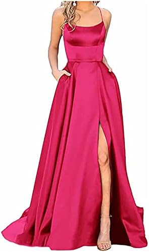 Женски матурски фустани долги 2023 година сатен Алин Слит Спагети Официјални вечерни наметки со џебови