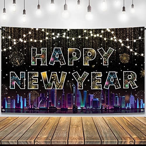 Xtralarge Среќна нова година банер | Нови години фото штанд реквизити | Црна, среќна нова година конфети | Среќни новогодишни