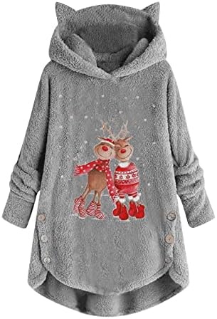 Божиќно зимско палто за жени Симпатична ирваси печати џемпер топло руно кадифен качулка пуловер врвови со уши за мачки