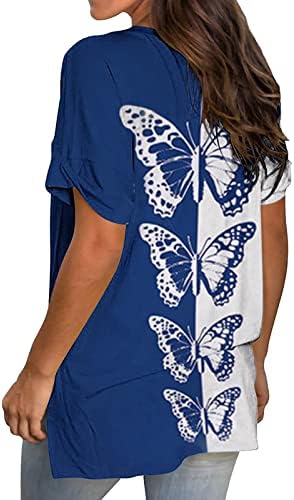 Мода против вратот маичка пеперутка печатена женска летна летна врвови цветни кратки ракави преголеми странични сплит туничен