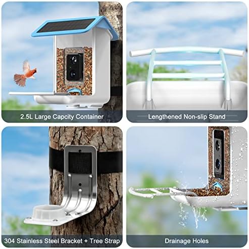Камера за фидер за паметни птици Broiamx, 1080p HD камера автоматско снимање видеа на птици и соларна панел, известете апликација