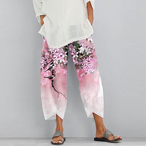 Grge Beuu летни капри панталони за жени, женски постелнини исечени панталони со високи половини, цветни печатени џеб глуждот,