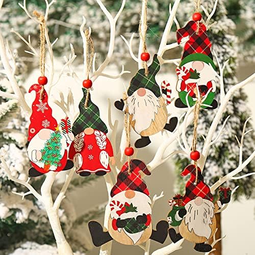 Adurfelf 6 парчиња Божиќни гноми украси дрвени украси со јажиња што висат украси за украсување на новогодишни елки gnome santa