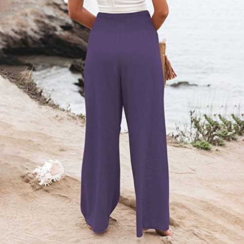 Уфоко жени памучни постелнина еластична висока половината широки панталони за нозе дневно обични лабави плажа палацо панталони