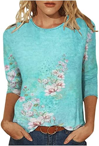 Флорални врвови за жени-3/4 маички со ракави за жени маица за модни печати со средна должина блуза О вратот Обични врвови