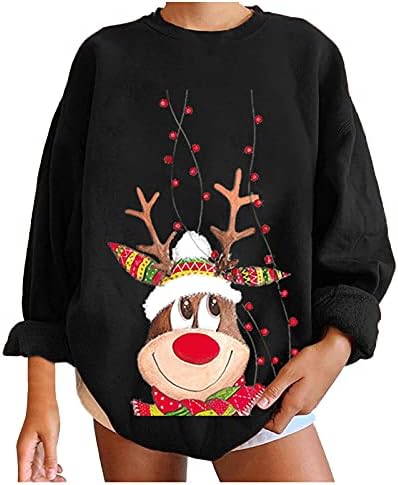 Дулкови за жени пулвер, женски Божиќ, печатено лабава тркалезна врата, џемпер, пулвер, обичен блуза, врвен блуза, врвен блуза