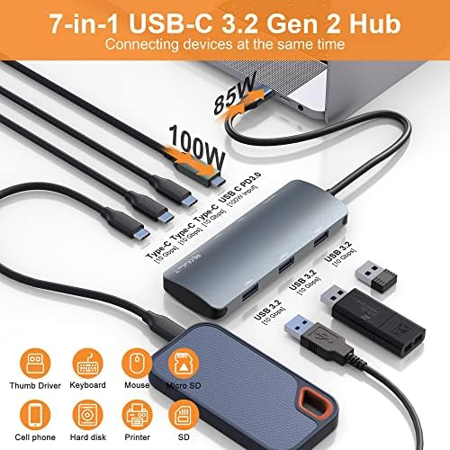 USB - C 3.2 Gen2 Hub Адаптер 7 Порти, 3X USB C 3.2 10Gbps, 3X USB A 3.2 10Gbps И 1x USB-C 100w Моќ Со 10gbps Податоци, USB C