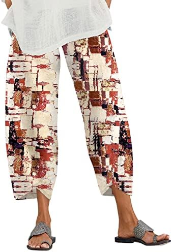 Женски памучни постелнини капри панталони, еластични високи половини со широки нозе лабава јога каприс графички цветни печатени