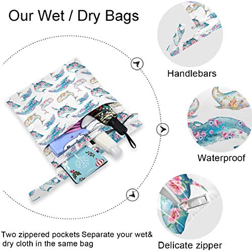 Визиони сино кит со божур цветни 2 парчиња влажна торба со патенти џебови што се перат за еднократно пространа за патување,