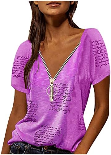 lcepcy жени плус големина трендовски кошули длабоко v вратот поштенски предни туники букви отпечатени блузи со краток ракав,