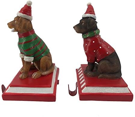 Удобно време 9 Полирезин облечени кучиња со капи, шамија и коска за порибување на коски за Божиќна декорација, сет од 2, зелена,