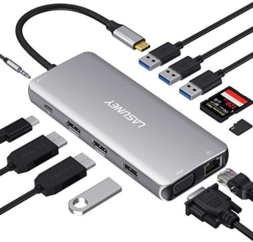 Lasuney Троен Дисплеј 12 ВО 1 USB C Докинг Станица Пристаниште со 2 HDMI &засилувач; VGA, PD3. 0, Етернет, Сд Тф Картичка Читач,