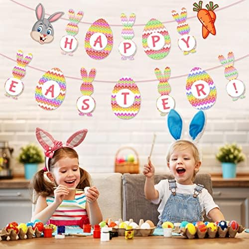 Среќен Велигденски банер украси за украси, Велигденски транспарент за мантија, разнобојно јајце зајаче забава, домашно камин