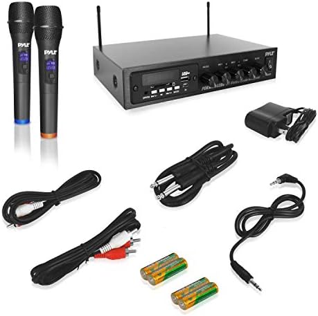 Pyle UHF безжичен караоке микрофон Преносен дигитален аудио звучен миксер систем W/Bluetooth приемник, MIC Setting, MP3, USB,
