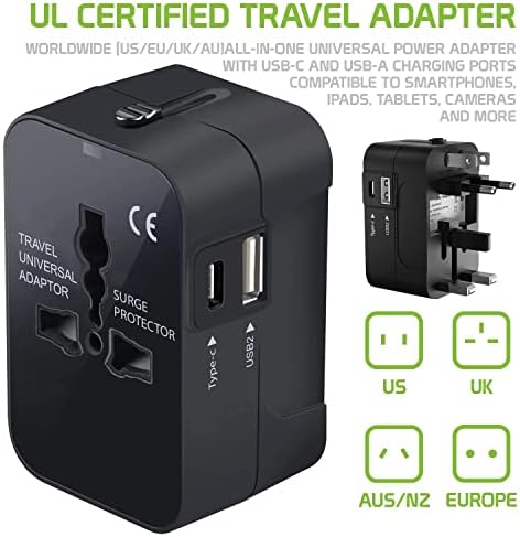 Travel USB Plus Меѓународен адаптер за напојување компатибилен со Micromax A27 нинџа за светска моќ за 3 уреди USB Typec, USB-A