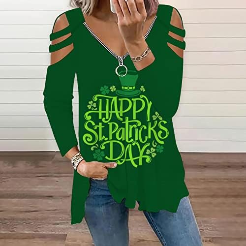 Денот на двојните кошули на Свети Патрикс за жени со долг ракав Шамок ладно рамо врвови патент против вратот ирски фестивал