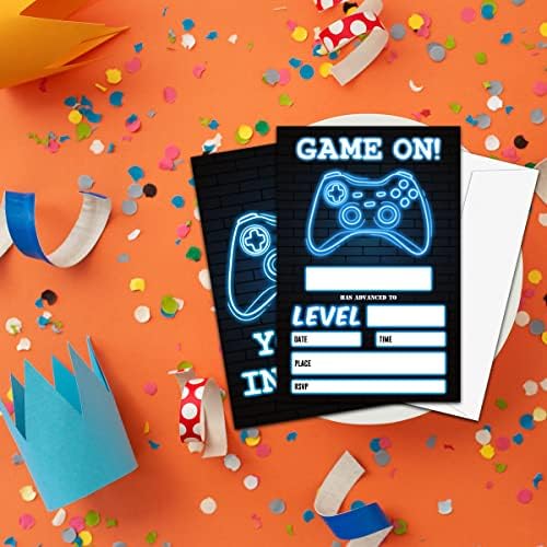 Nyctug Blue Neon Game On! Покана за роденденска забава, lубител на ласерски игри Покани картички за деца ， Момци и девојчиња,