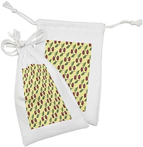 Амбезон овошна ткаенина торбичка сет од 2, рачно нацртана цреша дизајн на жолти тонирани ленти од летни сезони, овошје, мала