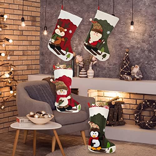 Божиќни чорапи од Dreampark 4 пакувања 18 Големи Божиќни чорапи Декорација - Санта Сноуман ирваси Пингвин Семејни чорапи за