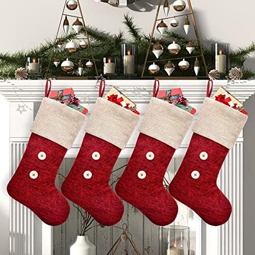 Елегантно црвено црвено лепење Божиќни чорапи со копче бронзено божиќно порибување сет од 4 Божиќни одмори камин виси декорации