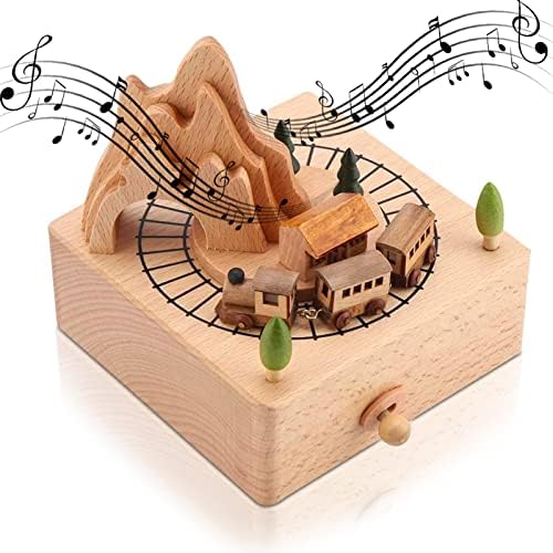 Херхр дрвена музичка кутија со движење на мал воз, дрво музика кутија роденденска украс за домашни момчиња за момчиња момчиња