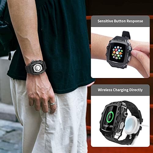 Комплет За Модификација АЗАНУ За Серијата Apple Watch 8 7 45mm Метална Рамка+Гумен Ремен за Iwatch Серија 6 SE 5 4 44mm Mod