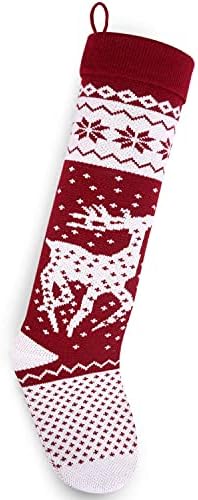 Starвезден динами 26-инчен бургунд црвен/бел фарма куќа плетена Божиќна чорапи)