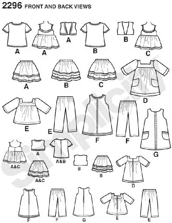 Едноставно фустанче, здолниште и шема за шиење на облека за кукли за кукли за кукли за 18 '' кукли