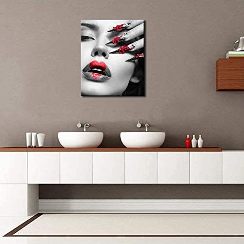 Женска wallидна уметност црвена loveубов срцеви усни и нокти Слика за декор во спалната соба Елегантна шминка и постери за уметност