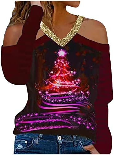 Beumенски женски Божиќ-маици за вратот на вратот, Божиќ, ладно рамо, долги ракави врвови, обични 3Д графички пулвер џемпери