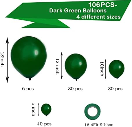 Темно Зелени Латекс Балони, 106 парчиња Зелен Балон Венец Лак Комплет со 18+12+10+5 инчни Балони За Зелена Забава За Божиќ Дипломирање