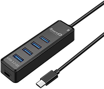 SmartQ H302Pro USB C Центар, 4-Порта СУПЕР Брзина USB 3.2 Центар со 1 ft Продолжен Кабел [Поддржано Полнење], Компатибилен USB