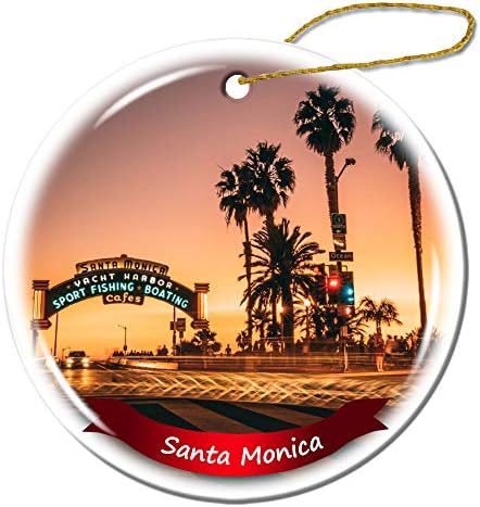 Декор на Fhdang Decor Santa Monica California Божиќ украс порцелан двострана керамички украс, 3 инчи