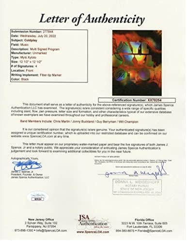 Колдплеј целосен бенд потпишан Autograph Mylo Xyloto Tour Program Book W/ James Spence Letter of Authenticity JSA COA - потпишан