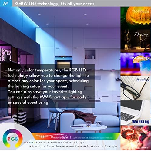 MW Осветлување 4 инчен Cansless Ултра-Тенок RGBW LED Паметно Осветлување СО Рамна Облога, 540 Лумени, WiFi Пристап, Не Е Потребен