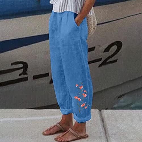MTSDJSKF жени Капри хеланки, широки нозе со високи памучни памучни панталони со памучни постелнина со џебови лабави панталони