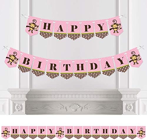 Голема точка на среќа розова мајмун девојка - роденденски банер за забава - украси за розови забави - Среќен роденден
