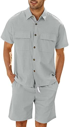 Кратки кошули со постелнина за бенкети, со кратки ракави, летни шорцеви на плажа, хавајски 2 парчиња кошула сет хипи облеки