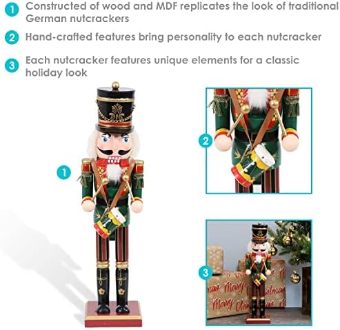 Sunnydaze Божиќна традиционална дрвена оревчеста декор статуа Gunther Rhythmic - Внатрешен зимски празник Декоративен војник