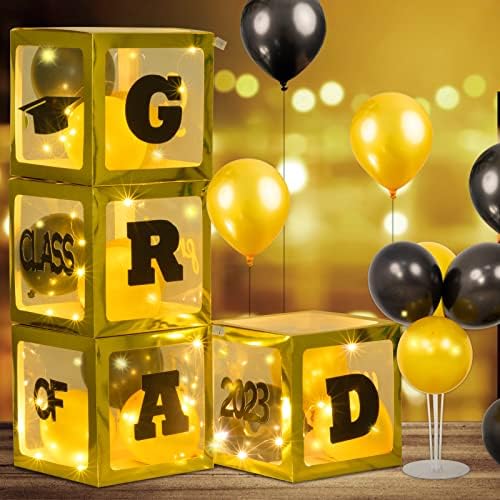2023 Дипломирање Партија Декорација Црно Злато-4 парчиња Злато Балон Кутии со ГРАД, 20 парчиња злато црна балони, ПРЕДВОДЕНИ