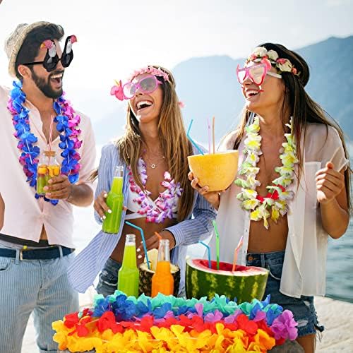 24 парчиња украси за забави на луа, поставени 12 пара, очила за сонце Луау, смешни хавајски очила 12 компјутери Хавајски леис Тропски цвет Леи Гарланд за плажа Хаваи Лу?